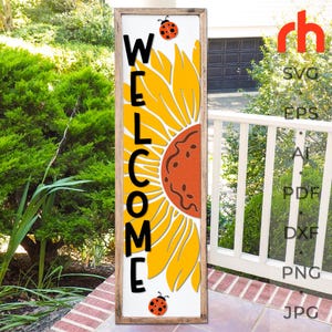 Benvenuto girasole SVG, file di taglio del cartello del portico a strati, silhouette di girasole con coccinella, Summer Leaner DXF, Countryside Sitter