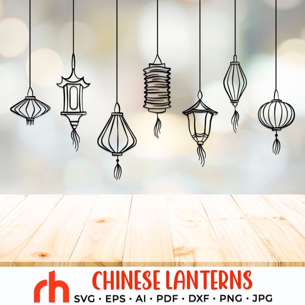 Lanternes chinoises SVG, lanternes suspendues DXF, décoration de fenêtre DXF, vecteur de lanternes en papier