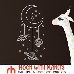 Moon with Planets SVG, Baby Mobile Cut File, Baby Decor DXF, Space Theme Vector
