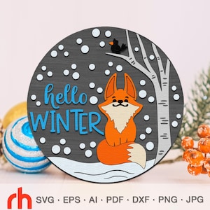 Bonjour hiver SVG, panneau de porte en couches DXF, cintre de Noël coupé fichier, décoration boisée, enseigne animal suspendu, silhouettes de renard et de corbeau, thème de la forêt