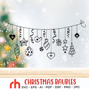 Boules de Noël SVG, fichier coupé boules suspendues, boules sur une chaîne DXF, décoration de fenêtre de Noël, vecteur de conception de vacances, thème de l'hiver