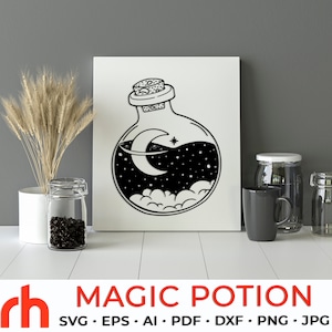 Magic Potion SVG, Moon in a Bottle DXF, Witches Brew Cut File, Witchcraft Vector, Boho Design