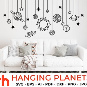 Fichier coupé planètes suspendues, système solaire SVG, planètes sur une ficelle, art mural espace, silhouette de planètes, décoration de fenêtre pour enfants, vecteur de thème cosmique