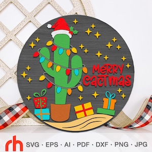 Joyeux Noël Cactmas SVG, panneau de porte de Noël en couches coupe fichier, Silhouette de cactus avec bonnet de Noel et guirlande, cintre ranch DXF, Noël du sud-ouest