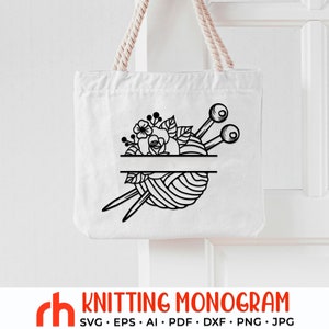 Monogram dziewiarski SVG, plik do cięcia logo włóczki kwiatowej, kłębek włóczki kwiatowej DXF, etykieta dziewiarska wektorowa, nazwa dziewiarska