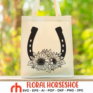 Floral Horseshoe SVG, Flower Talisman Cut File, Horseshoe with Sunflowers DXF, Equestrian PDF, Lucky Shirt Vector