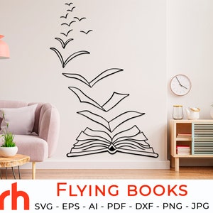 Livros Voadores SVG, Arquivo de Corte de Livro Aberto, Amante de Livros DXF, Vetor de Rato de Biblioteca, Design de Livros de Pássaros