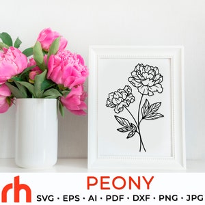 Peonia in formato SVG, file di ritaglio del fiore dello Scorpione, fiore di nascita di novembre in formato DXF, disegno zodiacale in formato PDF, contorno di peonie, vettore di pianta del mese