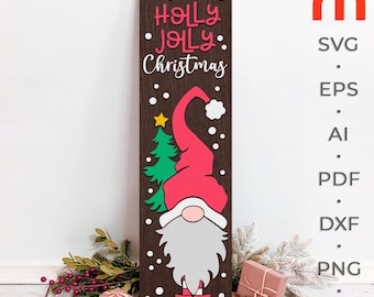 Holly Jolly Christmas SVG, Layered Xmas Porch Sign Cut File, Silhouette of a Gnome with a Christmas Tree, Christmas Leaner, Winter Sitter
