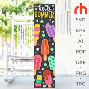 Hola Verano SVG, Letrero de Porche en Capas, Silueta de Paletas, Plantilla para Helado DXF, Decoración de Jardín, Decoración de Temporada