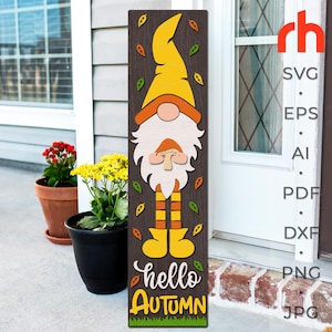Hello Autumn SVG, Layered Porch Sign Cut File, Silhouette of a Gnome with a Mushroom, Autumn Leaner DXF, Harvest Sitter, Thanksgiving Decor