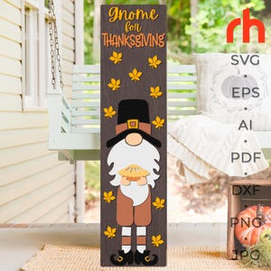 Gnome for Thanksgiving SVG, Layered Porch Sign Cut File, Fall Leaner DXF, Silhouette of a Gnome with a Pie, Autumn Sitter, Harvest Decor