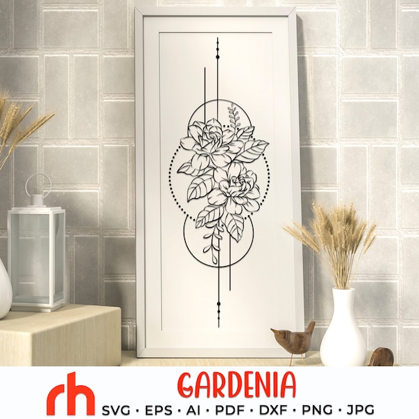 Gardenia SVG, Geometric Flower Cut File, Flower In Circle DXF, Tattoo Design Vector