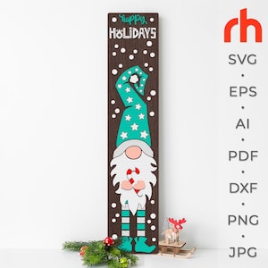 Buone Feste in formato SVG, Cartello natalizio per veranda, Silhouette di uno gnomo con una caramella, Appoggiavimento invernale, Cartellone natalizio, Design per Capodanno