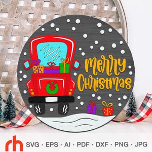 Joyeux Noël SVG, fichier de coupe de panneau de porte en couches, silhouette d'un camion rouge avec des cadeaux, cintre de Noël DXF, enseigne suspendue hiver, décoration des fêtes