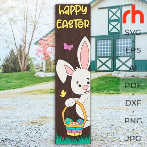 SVG di Buona Pasqua, cartello del portico a strati DXF, file di taglio più magro primaverile, sagoma di un coniglio con un cestino, babysitter di Pasqua con coniglio, tema fattoria