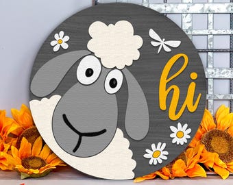 Sheep Hi SVG, Layered Farm Door Sign Cut File, Farmhouse Round