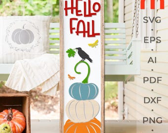 Hello Fall SVG, Layered Porch Sign Cut File, Fall Pumpkins Silhouette, Thanksgiving Leaner DXF, Harvest Sitter Design, Autumn Decor