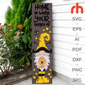 Home Is Where Your Honey Is SVG, gelaagde veranda teken gesneden bestand, silhouet van een kabouter met een bijenkorf, seizoensgebonden sitter, zomer slanker