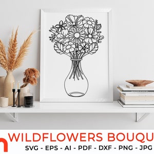 Bouquet floreale in formato SVG, vaso con fiori in formato DXF, file di taglio per mazzo di fiori di campo, disegno vettoriale per la festa della mamma