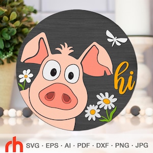 Cochon Salut SVG, panneau de porte de ferme en couches coupe fichier, cintre rond ferme DXF, Silhouette drôle de cochon, décor de campagne