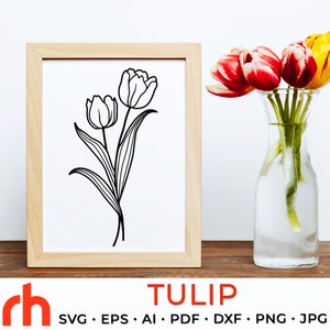 Tulipe SVG, fichier coupé fleur de Poissons, plante DXF de naissance de mars, vecteur de fleur de printemps, conception d'anniversaire, contour de tulipe