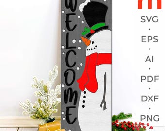 Letrero de bienvenida de muñeco de nieve SVG, archivo de corte para tablero de porche navideño en capas, adorno navideño inclinado DXF, adorno invernal, decoración navideña