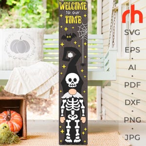 Peut inclure: Panneau en bois pour Halloween avec le texte "WELCOME to our TOMB" en jaune. Le panneau représente un gnome squelette, une chauve-souris, une toile d'araignée et des étoiles. Le panneau est marron foncé.