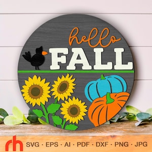 Hello Fall SVG, Layered Door Sign Cut File, Silhouette of Sunflower and Pumpkin, Thanksgiving Hanger DXF, Harvest Hanging Sign, Autumn Decor
