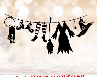 Witch's Clothesline SVG, Halloween Clothesline Cut File, Halloween Card DXF, Hanging Clothes Vector, Spooky Season Decor, Halloween Window