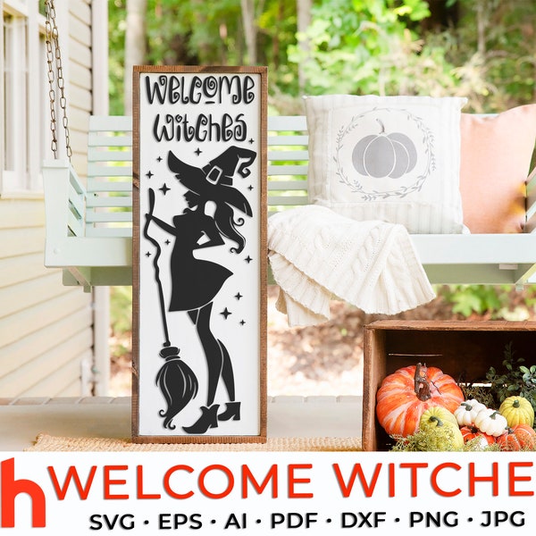 Welcome Witches SVG, Halloween Porch Board Cut File, Vertical Sign DXF, Fall Decor Vector, Autumn Leaner Design, Witch Silhouette