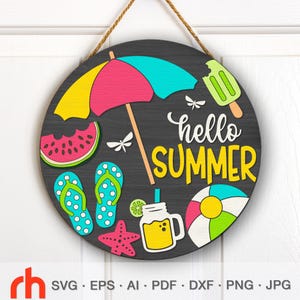 Hello Summer SVG, Layered Door Sign Cut File, Silhouette of Beach Elements, Pool Hanger DXF, Backyard Hanging Sign, Patio Decor