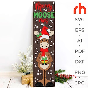 Merry Moosemas SVG, Christmas Layered Porch Sign Cut File, Silhouette of a Moose in a Santa Hat, Winter Leaner, Xmas Sitter, Holiday Decor