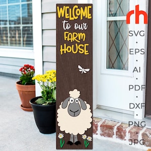Benvenuti al nostro FarmHouse SVG, Layered Porch Sign Cut File, Farmhouse Leaner DXF, Funny Sheep Silhouette, Farm Sitter, Countryside Decor