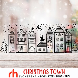 Pueblo navideño SVG, archivo de corte de pueblo navideño, casas holandesas DXF, escena invernal vectorial, Navidad europea, fachadas de Ámsterdam
