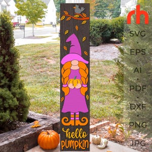 Hello Pumpkin SVG, Layered Porch Sign Cut File, Silhouette of a Gnome with a Pumpkin, Fall Leaner DXF, Autumn Sitter, Harvest Decor
