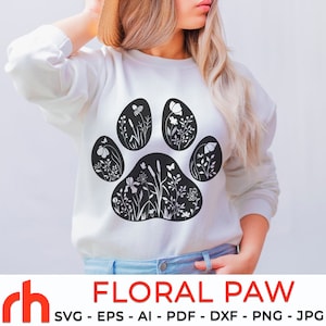Floral Dog Paw SVG, bloem voetafdruk gesneden bestand, huisdierliefhebber DXF, wilde bloemen