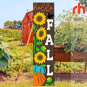 hello fall svg, autumn leaner svg, fall porch sign svg, laser cut file, layered fall sign svg, welcome sign svg, pumpkin silhouette, harvest sitter svg, thanksgiving svg, floral sign svg, sunflower sign svg, glowforge cut file, cricut cut file
