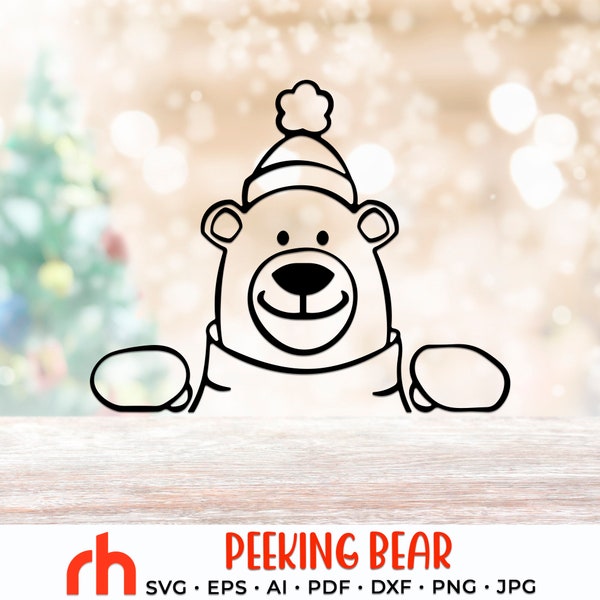 Peeping Polar Bear SVG, Christmas Scene Cut File, Xmas Window Decor, Holiday Design Vector, Winter Theme, Bear Outline