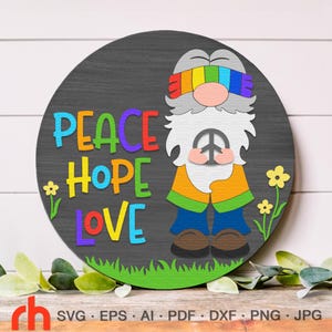Peace Hope Love SVG, gelaagde deur teken gesneden bestand, kabouter hippie silhouet, Boho ronde hanger DXF, retro decor, hippie hangend teken