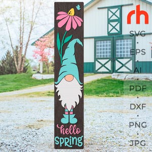 Bonjour printemps SVG, fichier de coupe de panneau de porche en couches, Silhouette d'un nain avec une fleur, DXF vertical plus maigre, décoration saisonnière