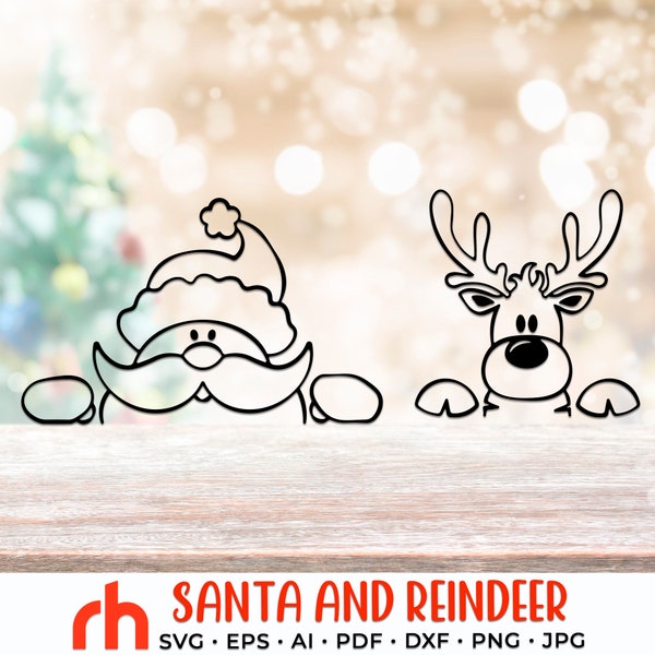 Peeking Santa and Reindeer SVG, Christmas Scene Cut File, Xmas Window Decor, Holiday Design Vector, Winter Theme