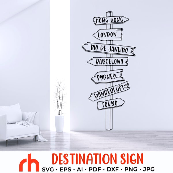 Destination Sign SVG, Direction Sign Cut File, Wanderlust Board DXF, Sign with Capitals Vector, Travel Design