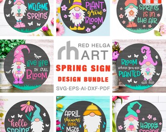 Paquete SVG de letrero de gnomo de primavera, archivo de corte para letrero de puerta de jardín, colgador redondo de primavera en capas DXF, decoración de temporada, silueta de un gnomo con flor
