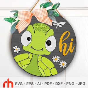 Tortue Salut SVG, fichier de coupe de plaque de porte en couches, DXF rond de suspension animal, silhouette de tortue mignonne, signe suspendu de campagne