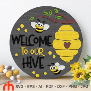 Welkom bij onze bijenkorf SVG, gelaagde boerderijdeur teken gesneden bestand, zomer ronde hanger DXF, bij silhouet, landschapsdecor
