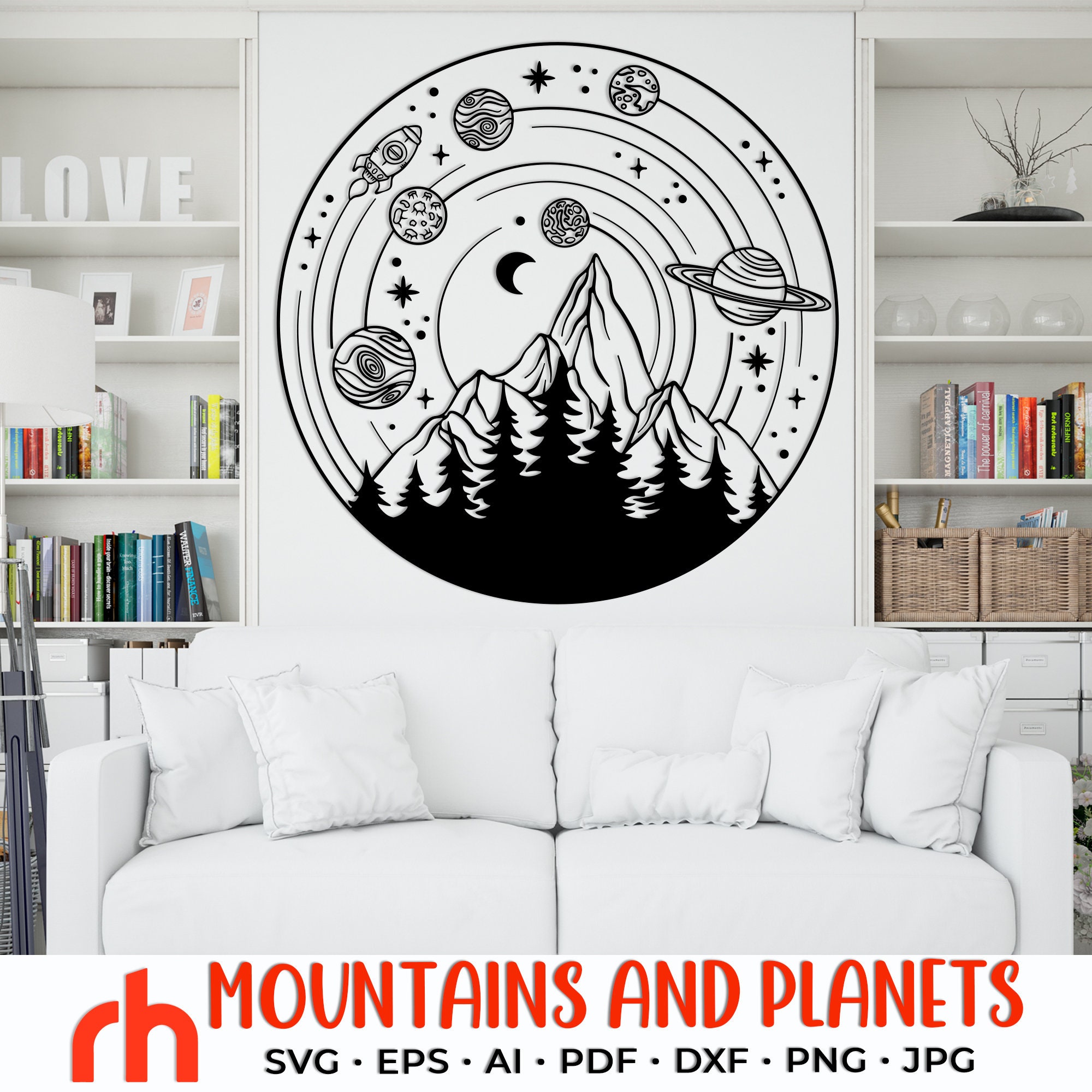 Mountains and Planets SVG, Space Design DXF, Fantasy Landscape Cut File, Wall Decor, Shirt Design