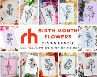 Birth Flowers SVG Bundle, Plants Each Month Cut File, Zodiac Design Vector, Floral Birthday