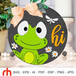 Grenouille Salut SVG, fichier de coupe de plaque de porte en couches, Animal rond cintre DXF, Silhouette de grenouille mignonne