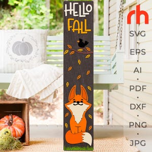 Hola Otoño SVG, Archivo de corte para letrero de porche de otoño, DXF con capas, Decoración de bosque, Cuidador de animales, Silueta de un zorro y un cuervo, Tema de bosque